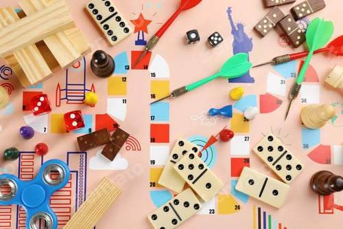 Preview: Different types of board games and its' components as background, top view