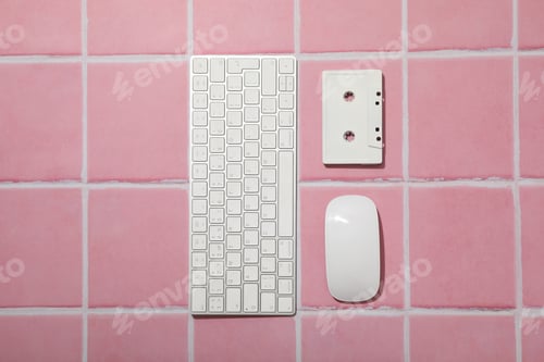 Preview: Computer keyboard with mouse and cassette on a pink background