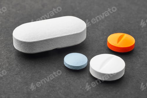 Preview: Pills over a black background. Medicament treatment. Health care photo