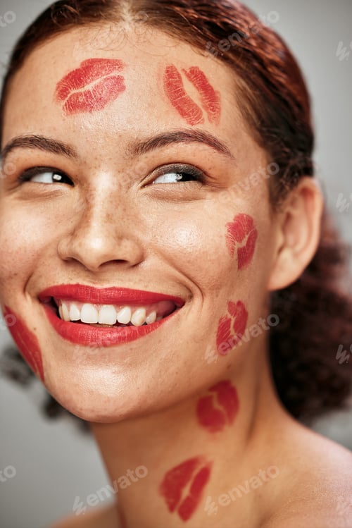 Preview: Beauty woman, lipstick kiss and happy face of makeup model in studio for cosmetics and love. Headsh