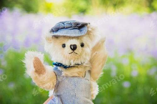 Preview: Teddy bear best friends toy for kids. Adorable Fluffy Brown Teddy Bear happy in green park