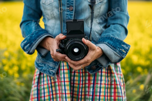 Preview: Woman staying in field with camera