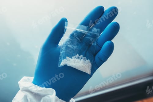 Preview: Gloved Hand Holding Bag of White Substance