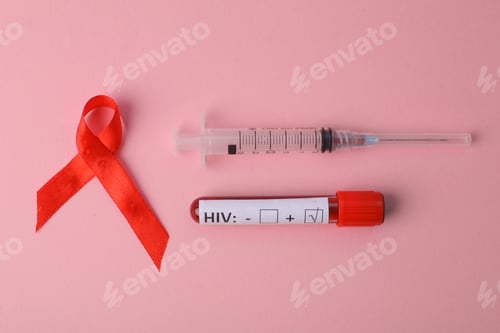 Preview: Red Ribbon With Injection And HIV Tube Test On Pink Background. World Aids Day.
