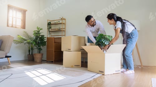 Preview: Married couple moving in new property bought together on mortgage loan
