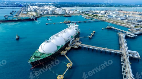 Preview: LNG (Liquified Natural Gas) tanker anchored in Gas terminal gas tanks for storage. Oil Crude Gas