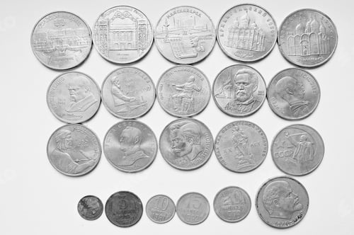 Preview: Set of soviet russian anniversary ruble coins, all USSR nominals. Black and white photo