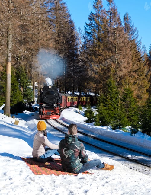 Preview: couple of men and women watching the steam train during winter in the snow in the Harz Germany