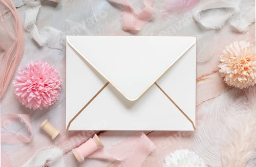 Preview: White envelope between pastel flowers, silk ribbons and feathers on marble