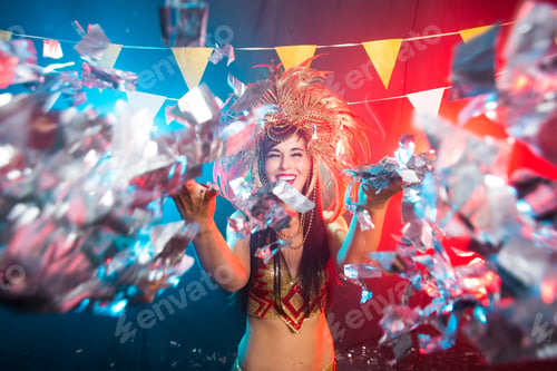 Preview: Holidays, party, dance and nightlife concept - Beautiful woman dressed for carnival night
