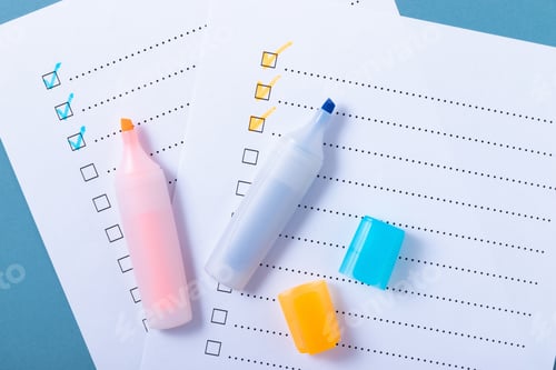 Preview: Check list with blue and orange marked points and markers on blue background