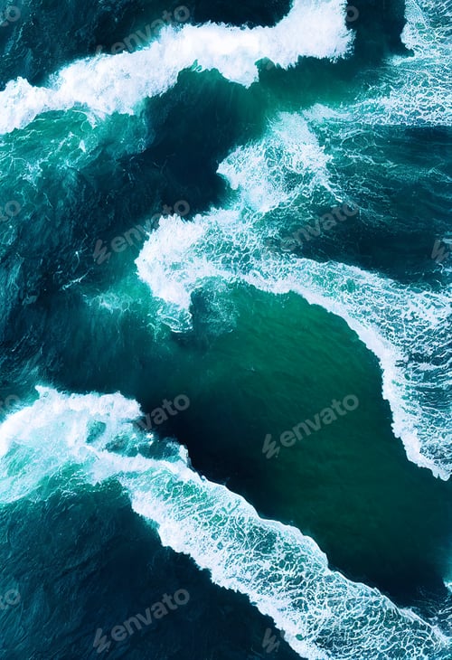 Preview: Aerial drone view with of crashing waves in crystal ocean. Top view. Blue clean wavy sea water.Blue