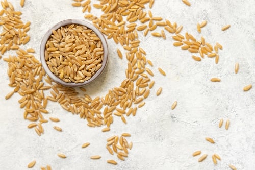 Preview: Bowl of raw dry rye grain on white table top view, copy space