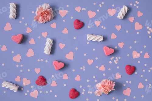 Preview: Marshmallows, candies, marmalades in the shape of hearts and paper hearts.