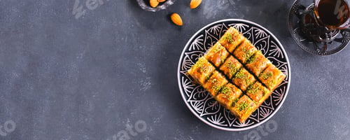 Preview: Baklava. Ramadan Dessert. Traditional Arabic dessert with nuts, honey. Banner for design, website