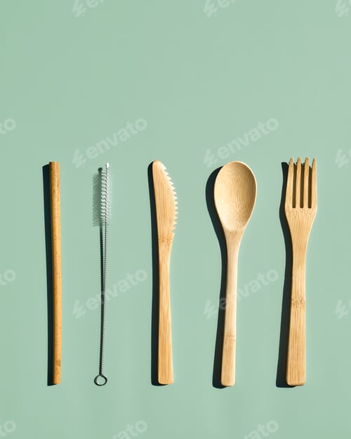 Preview: Eco friendly bamboo cutlery set on light green pastel background.