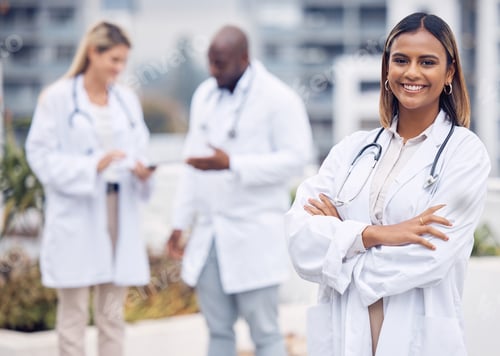Preview: Healthcare, happy and portrait of a doctor with arms crossed for medicine in the city. Smile, pride