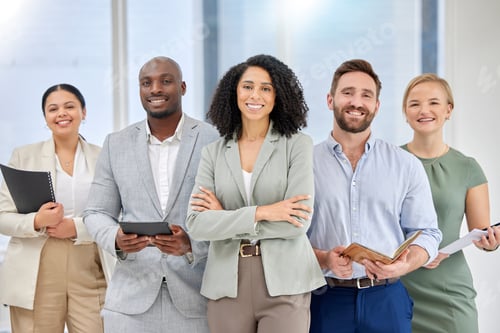 Preview: Teamwork, manager portrait and diversity of office team happy about hr collaboration. We are hiring