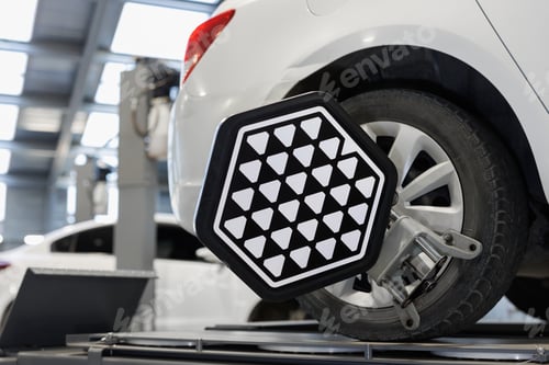 Preview: Vehicle inside garage workshop for auto camber toe check fixing work. Car wheel balancer calibrate w