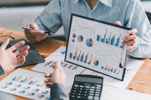 Preview: Finance manager meeting discussing company growth project success financial statistics, professional