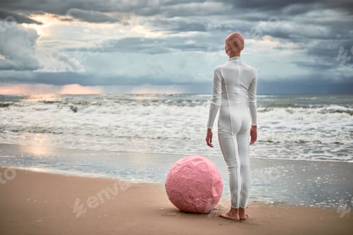 Preview: Hairless performer girl with alopecia in white futuristic suit stands on sea beach with pink sphere