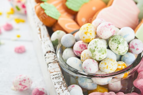 Preview: Sweet Easter concept. Sweet Easter kids holiday assortment marshmallows rabbit, chocolates easter eg
