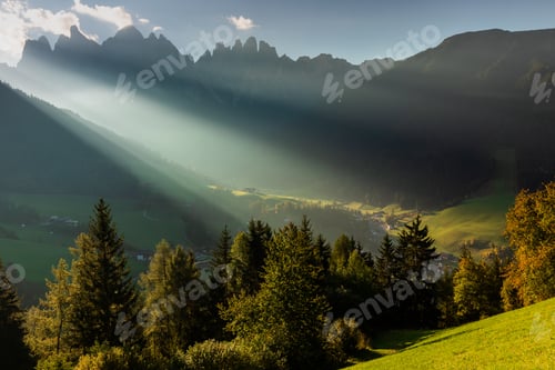 Preview: Santa Maddalena village in front of the Geisler, Val di Funes, Italy, Europe.