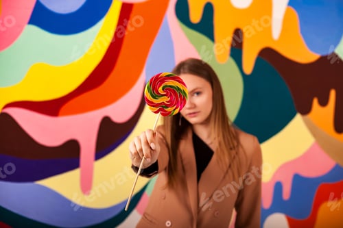 Preview: Lovely woman posing covering eyes round lollipop at colored wall, pensive
