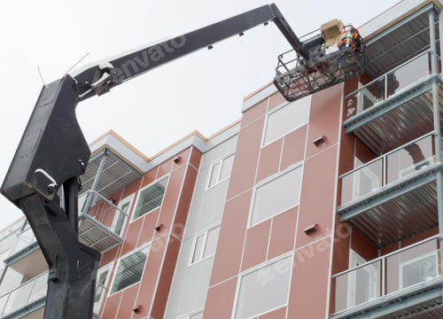 Preview: Boom lift worker work apartment highrise exterior