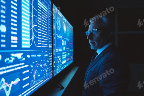 Preview: The businessman works on the big sensor display in the dark office