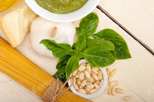 Preview: Italian traditional basil pesto pasta ingredients