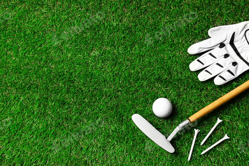 Preview: Flat lay composition with golf equipment on green course. Space for text