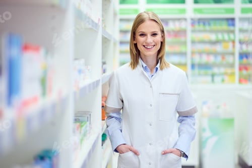 Preview: Smiling Pharmacist Standing in a Well-Stocked Modern Pharmacy Interior