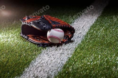 Preview: Baseball in a mitt at a low angle on a field with stripe and dramatic lighting and dark background