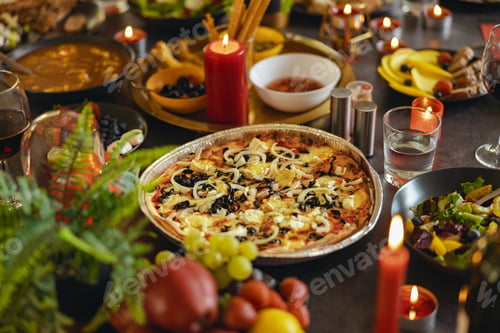 Preview: Cozy holiday table setting with different delicious food and beverages ready for friends home party