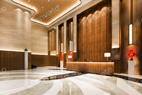 Preview: 3d rendering grand luxury hotel reception hall and lounge restaurant with high ceiling