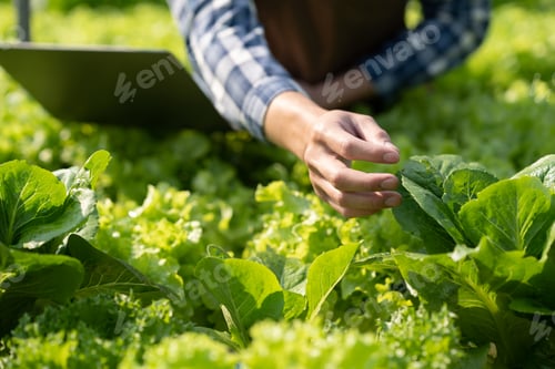Preview: Close up view of farmer pick up fresh hydroponic vegetables in basket and give to customer in farm.