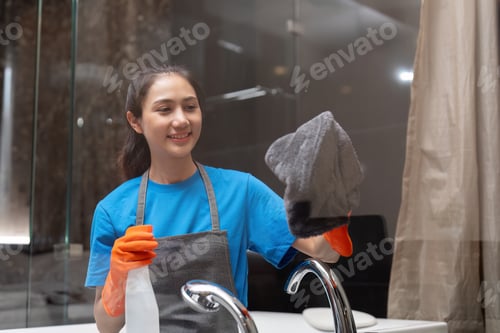 Preview: Asian woman cleaning the glass in the apartment. Cleaning staff maintain cleanliness in with towel