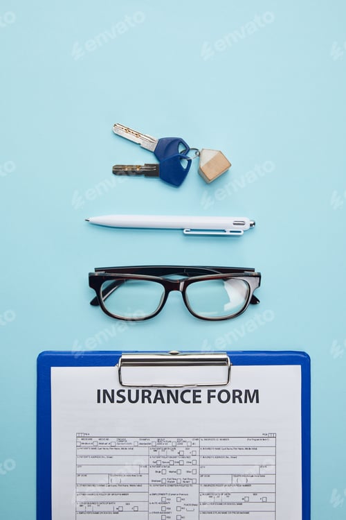 Preview: top view of insurance form, eyeglasses, pen and keys isolated on blue