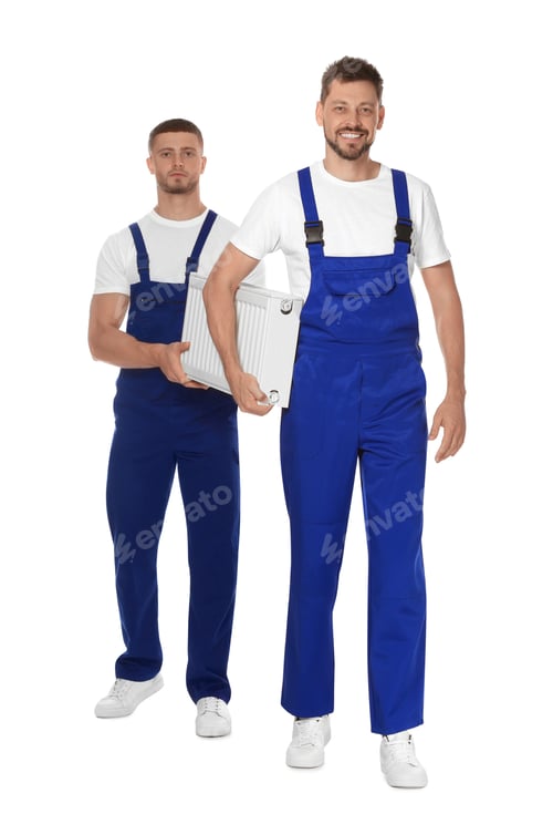 Preview: Professional plumbers with new heating radiator on white background