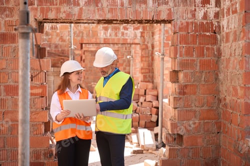 Preview: Contractors in hardhats checking building construction using laptop
