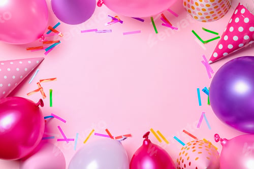 Preview: Frame made of balloons and party accessories on color background, top view with space for text