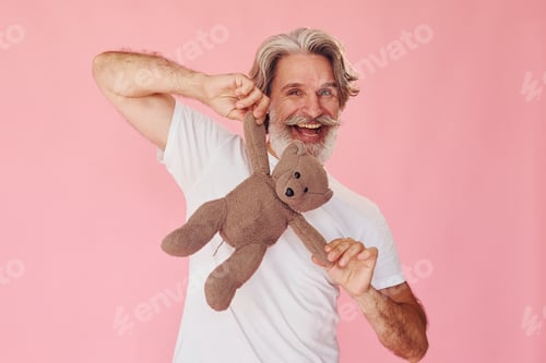 Preview: Holds teddy bear. Stylish modern senior man with gray hair and beard is indoors