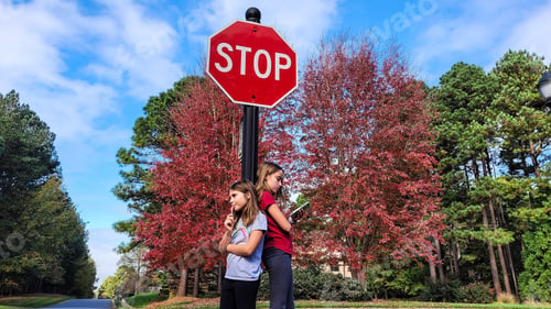 Preview: Candids in public places leaning on traffic signs of stop for people in fall.