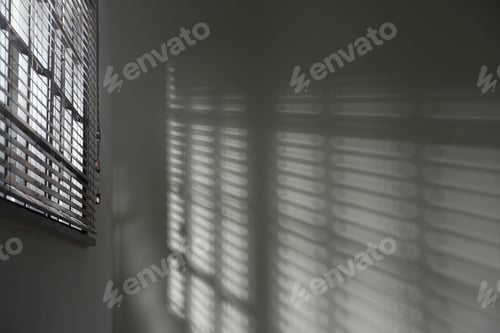 Preview: Window with horizontal blinds in room, space for text. Toned in black and white