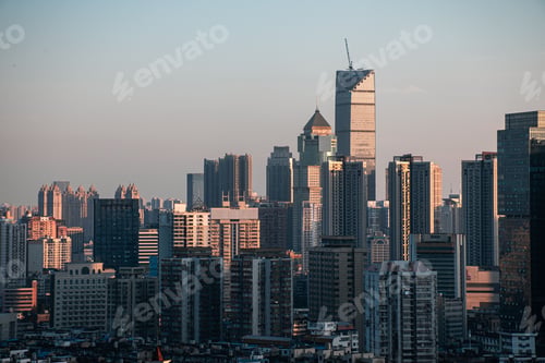 Preview: Cityscape high scyscrapers and urban towers under gray sky
