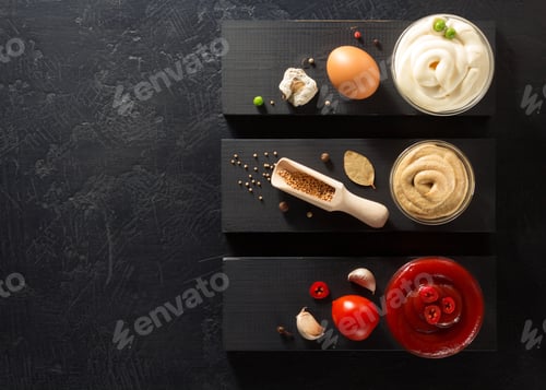 Preview: tomato sauce, mayonnaise and mustard in bowl