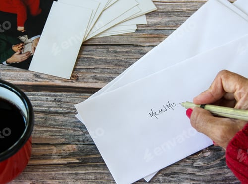Preview: Woman addressing Christmas cards envelopes to be sent to friends and family as Christmas tradition.
