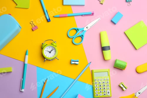Preview: Different bright school stationery on color background, flat lay