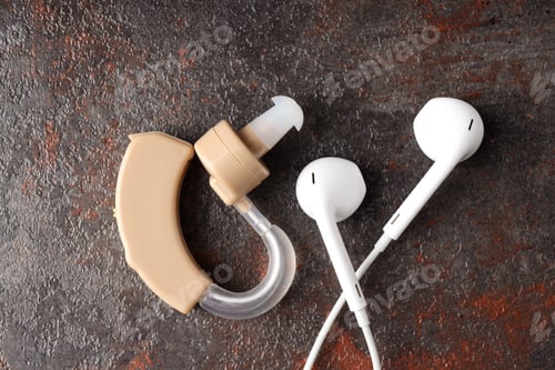 Preview: Concept of health care with hearing aid on dark textured background